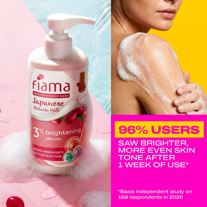 Fiama 3% Brightening Serum Body Wash 250ml | 2% Niacinamide, 1% Glycolic Acid, Omega 3 & 6 Fatty Acids Shower Gel, Fights Dullness & Evens Skin tone | Exotic Japanese Hokkaido Milk, Raspberry Smoothie Fragrance
