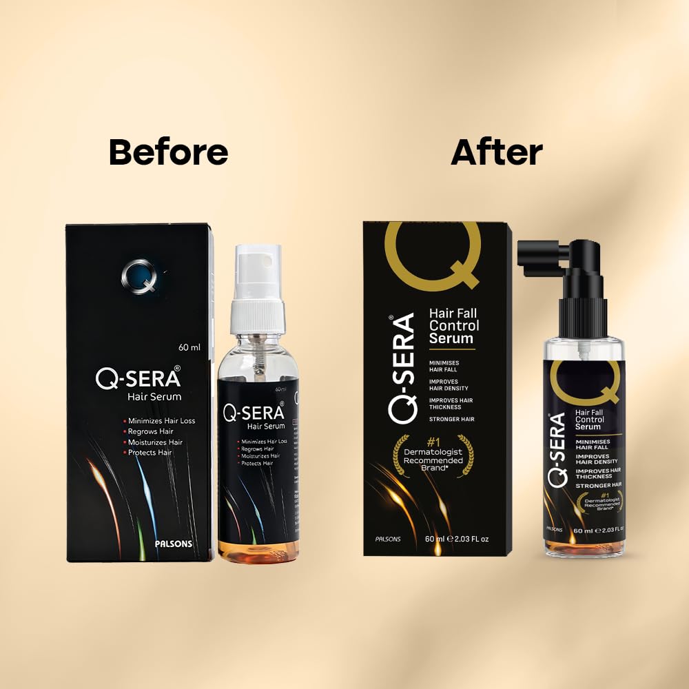 Q-Sera hair serum packaging and bottle with 'Before' and 'After' comparison on a beige background