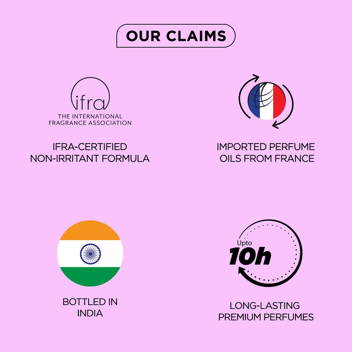 List of product claims with logos and text on a pink background
