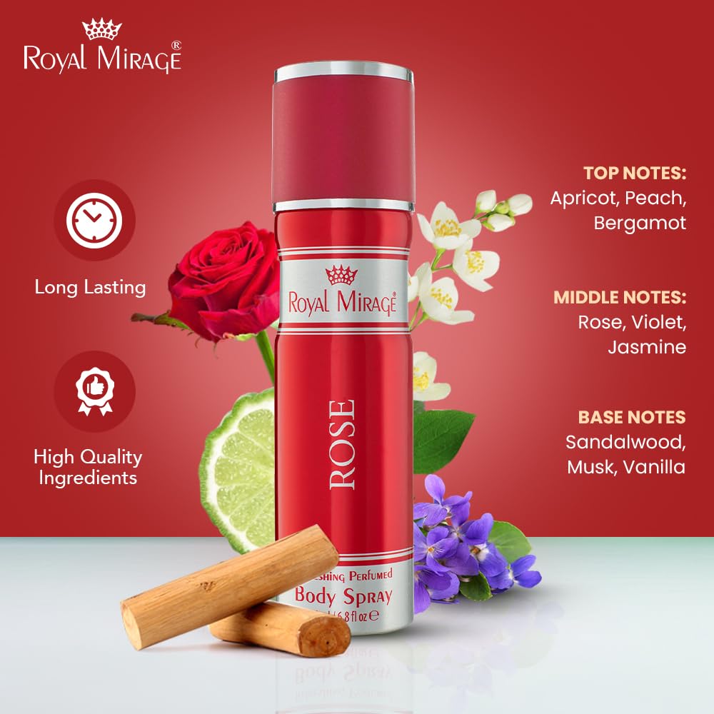 Red body spray bottle with floral elements on a red background, featuring Royal Mirage brand.