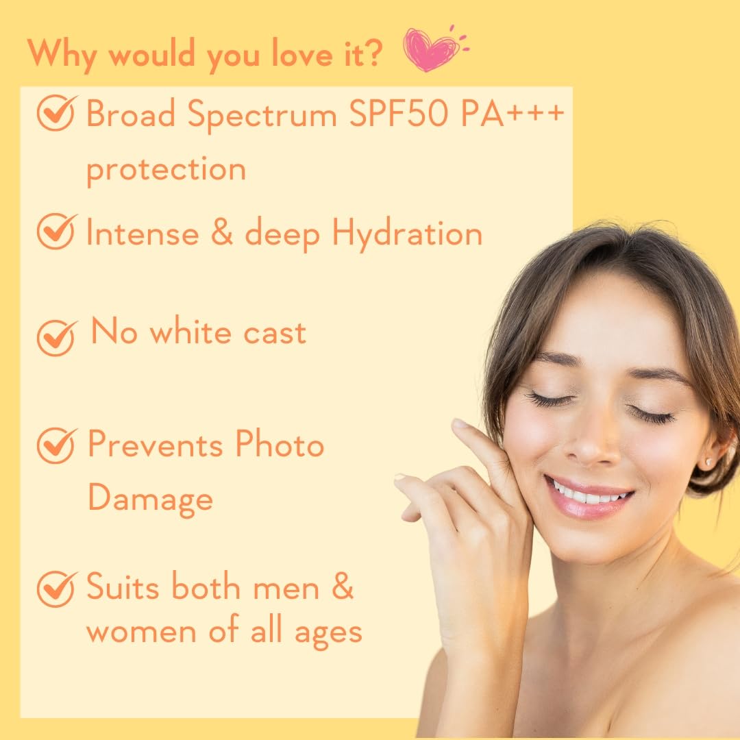 Woman with smooth skin on a yellow background with text about skincare product features