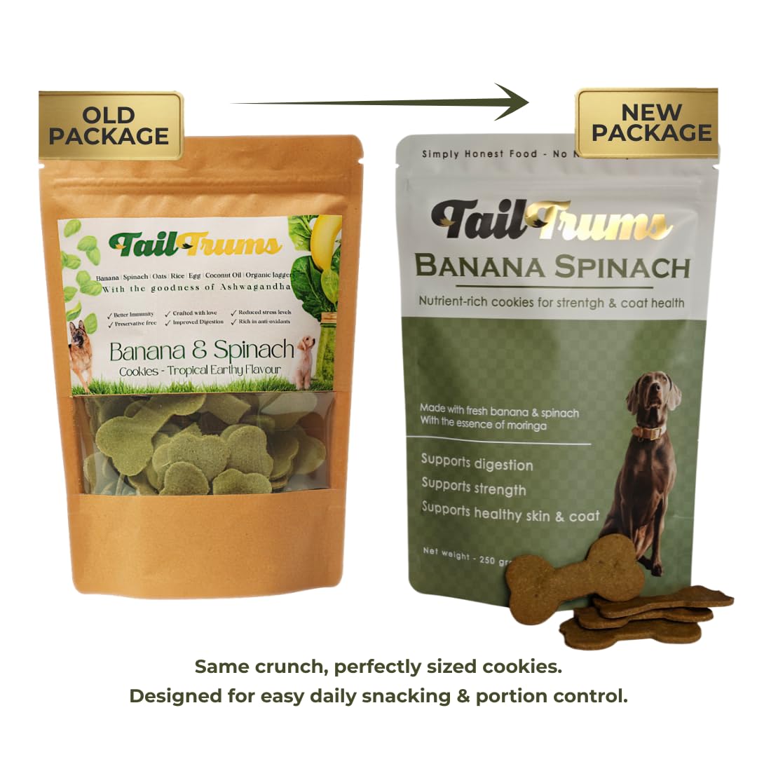 TailTrums Dog Biscuits – Banana & Spinach Cookies with Ashwagandha 250g | Healthy Dog Food | All Breeds |