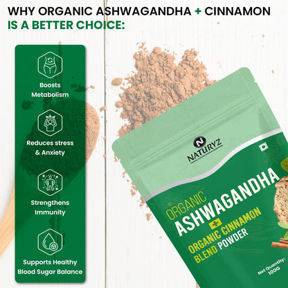 Naturyz Organic Ashwagandha + Cinnamon blend powder packaging with health benefits listed.