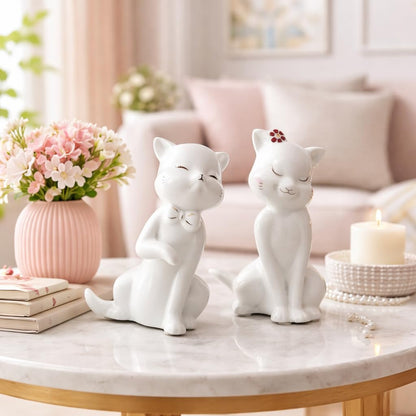 Charming Ceramic Cat Couple Figurines for Home Décor | Minimalist Cute Showpieces for Living Room, Bedroom, Shelf & Gifting (White, 14 cm, Set of 2)