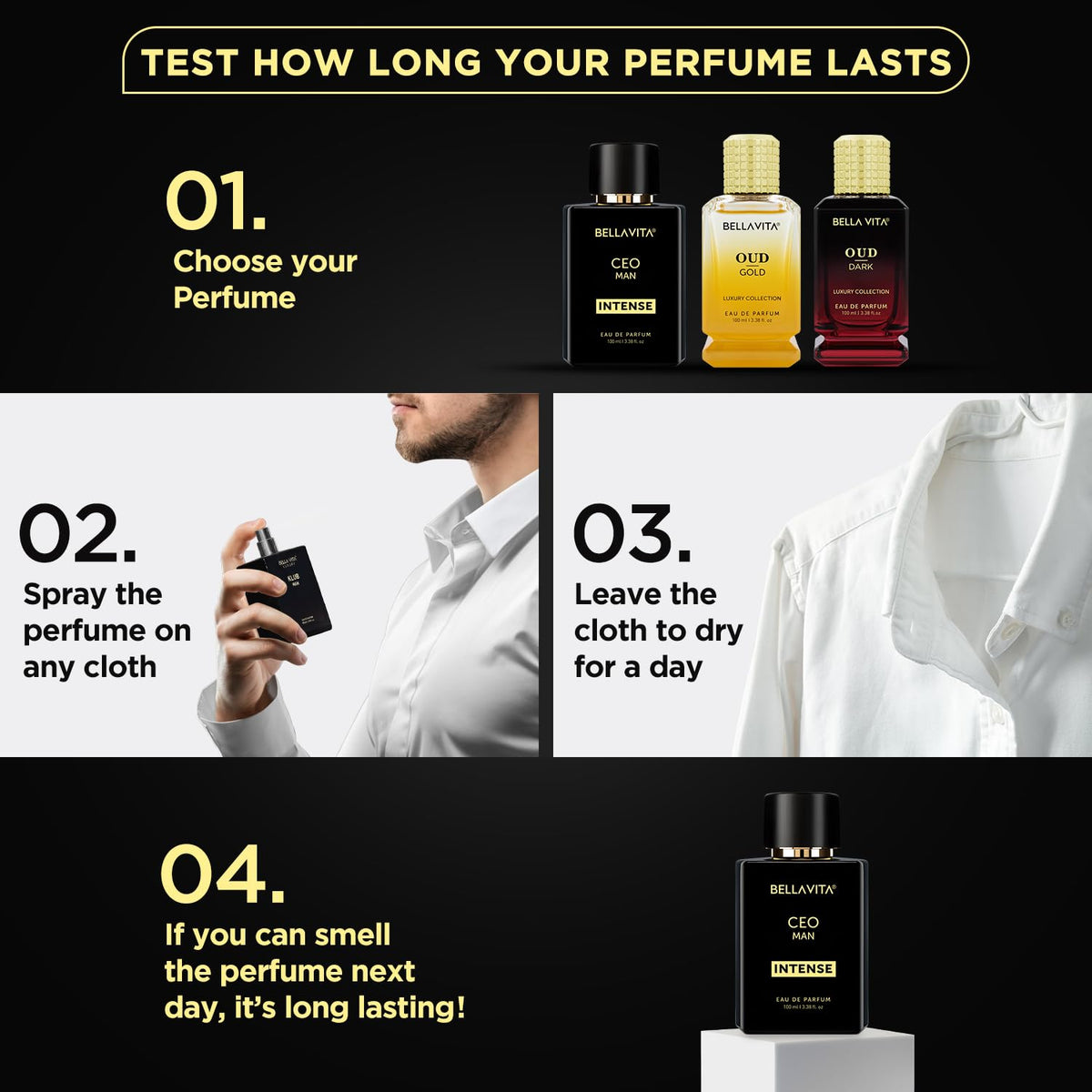 BellaVita perfume bottles with instructions on how to test longevity on a cloth.