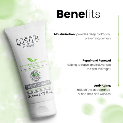 Luster Night Cream Revitalizing & Regenerist Intensive Made With Natural Vitamin – C | Night Cream For Women & Men | Overnight Repair | 100% Organic Acne-Prone Treatment - 60ml