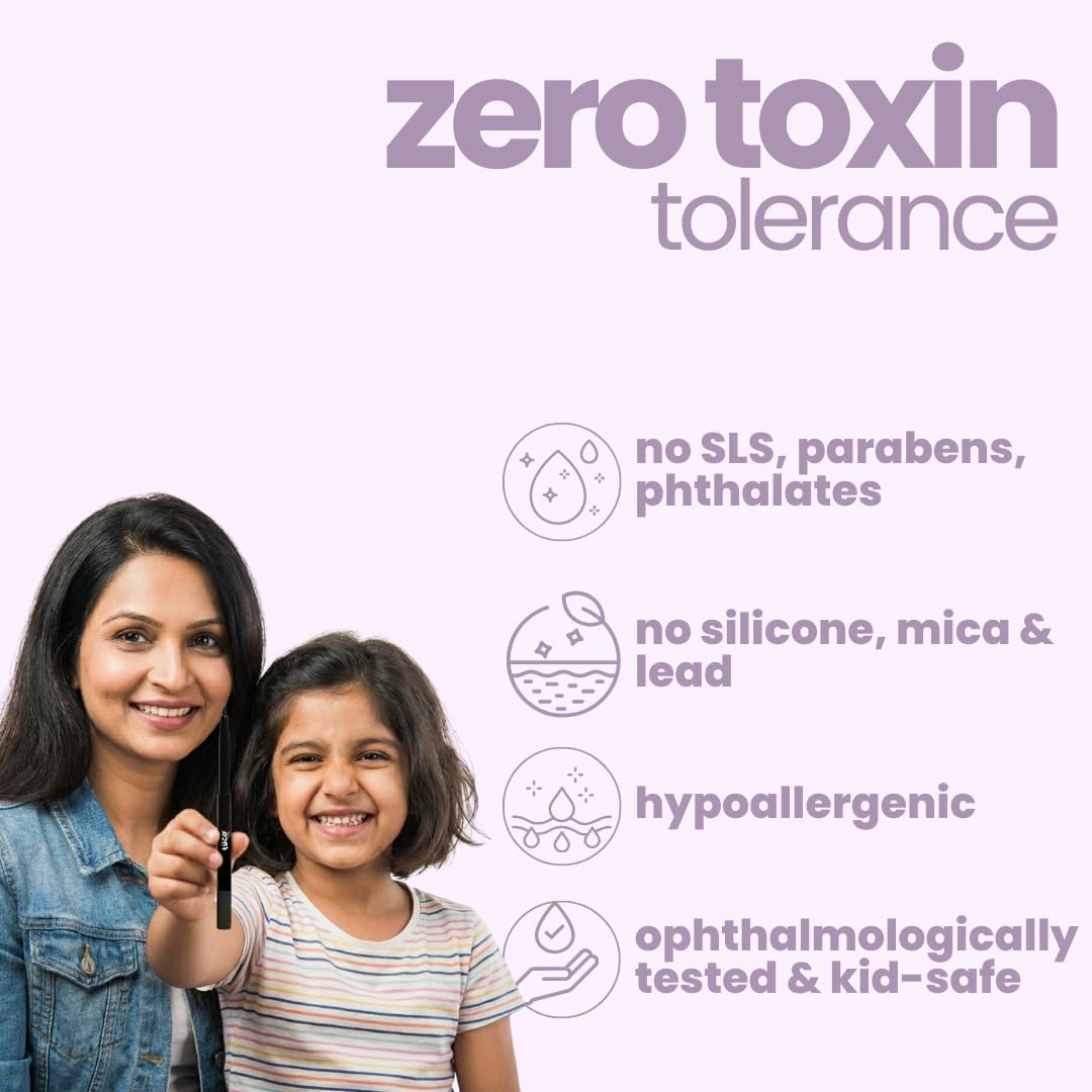 Woman and child holding a product with 'zero toxin tolerance' text and safety features listed.