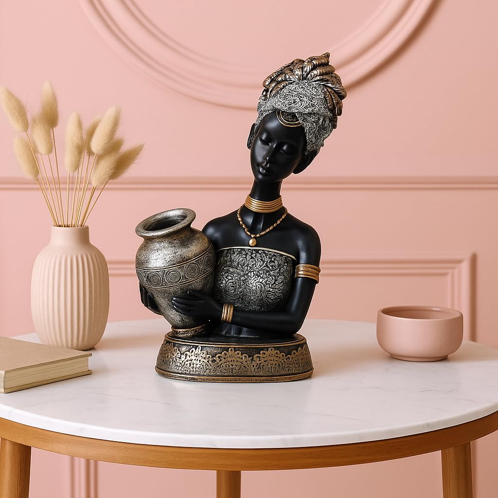 African Lady Statue with Pot for Table Décor | Home Décor (Pack of 1, Black,Silver & Golden)