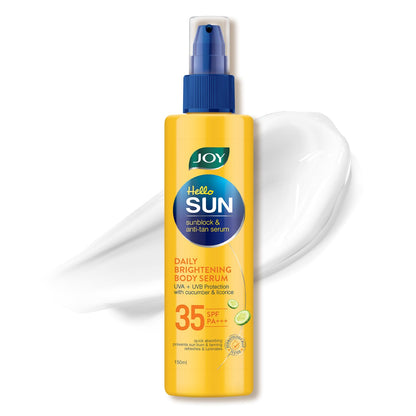 Joy Hello Sun Skin Brightening Body Sunscreen Lotion SPF 35 (150ml) | UVA + UVB Protection | Tan Control and Brightening | Lightweight, Fast Absorbing & Zero White Cast | For All Skin Types