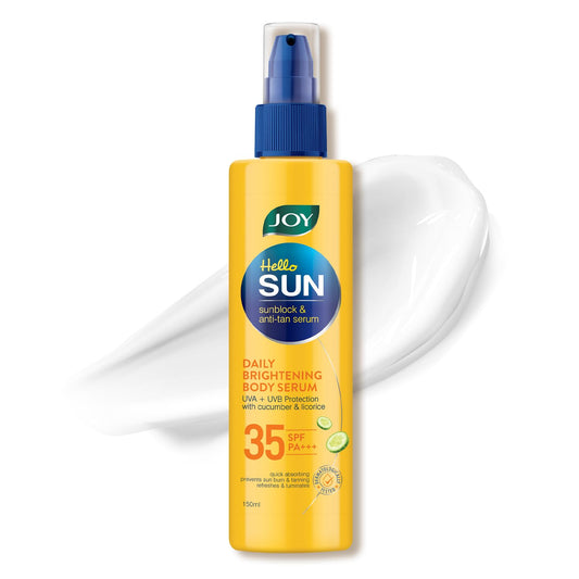 Joy Hello Sun Skin Brightening Body Sunscreen Lotion SPF 35 (150ml) | UVA + UVB Protection | Tan Control and Brightening | Lightweight, Fast Absorbing & Zero White Cast | For All Skin Types
