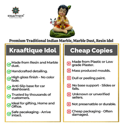 Laddu Gopal Idol with Cow, Resin Bal Krishna Murti for Car Dashboard, Home Temple, Office Desk & Pooja Room, Krishna Statue for Janmashtami, Housewarming & Spiritual Gift, 8 cm