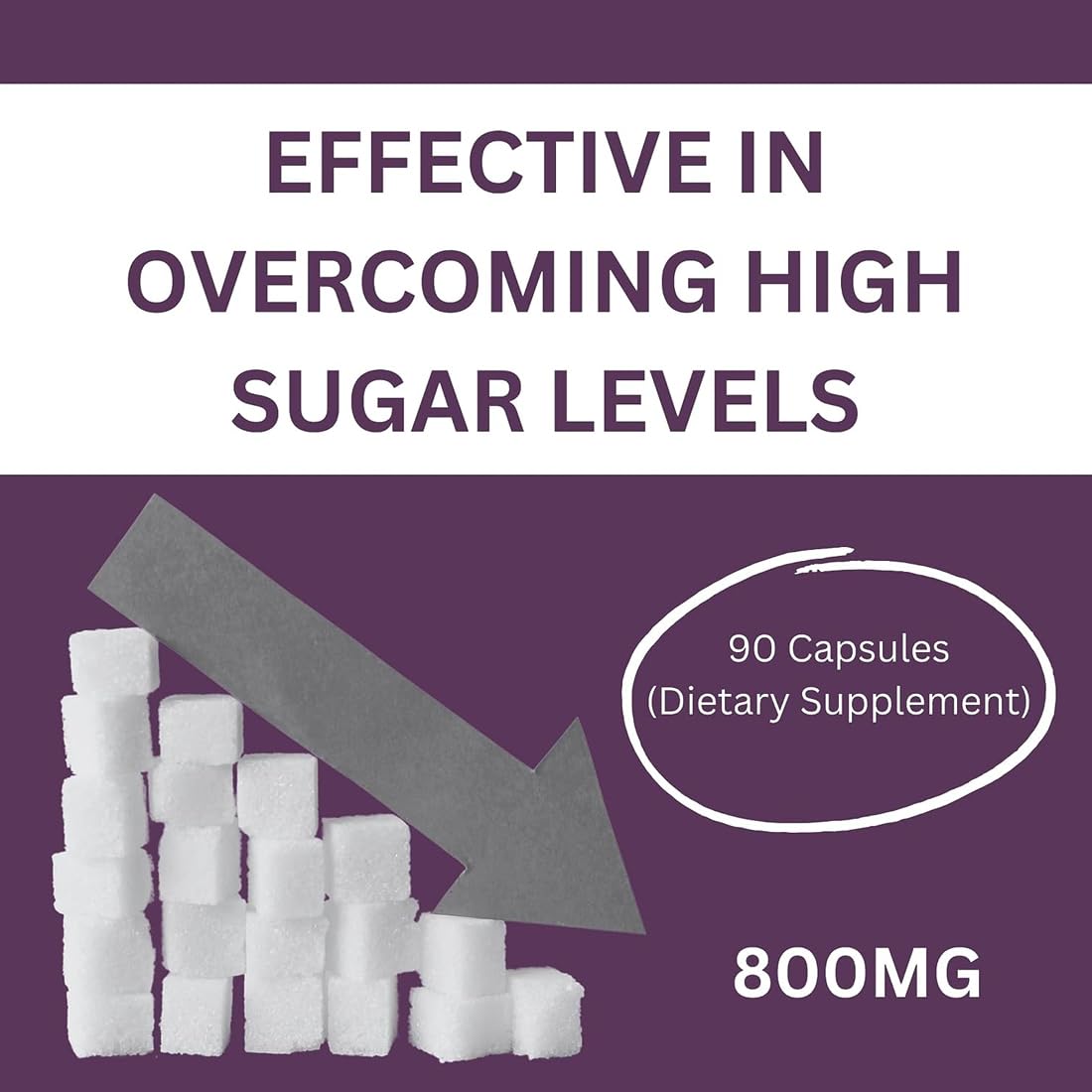 Supplement packaging with sugar cubes and text on a purple background