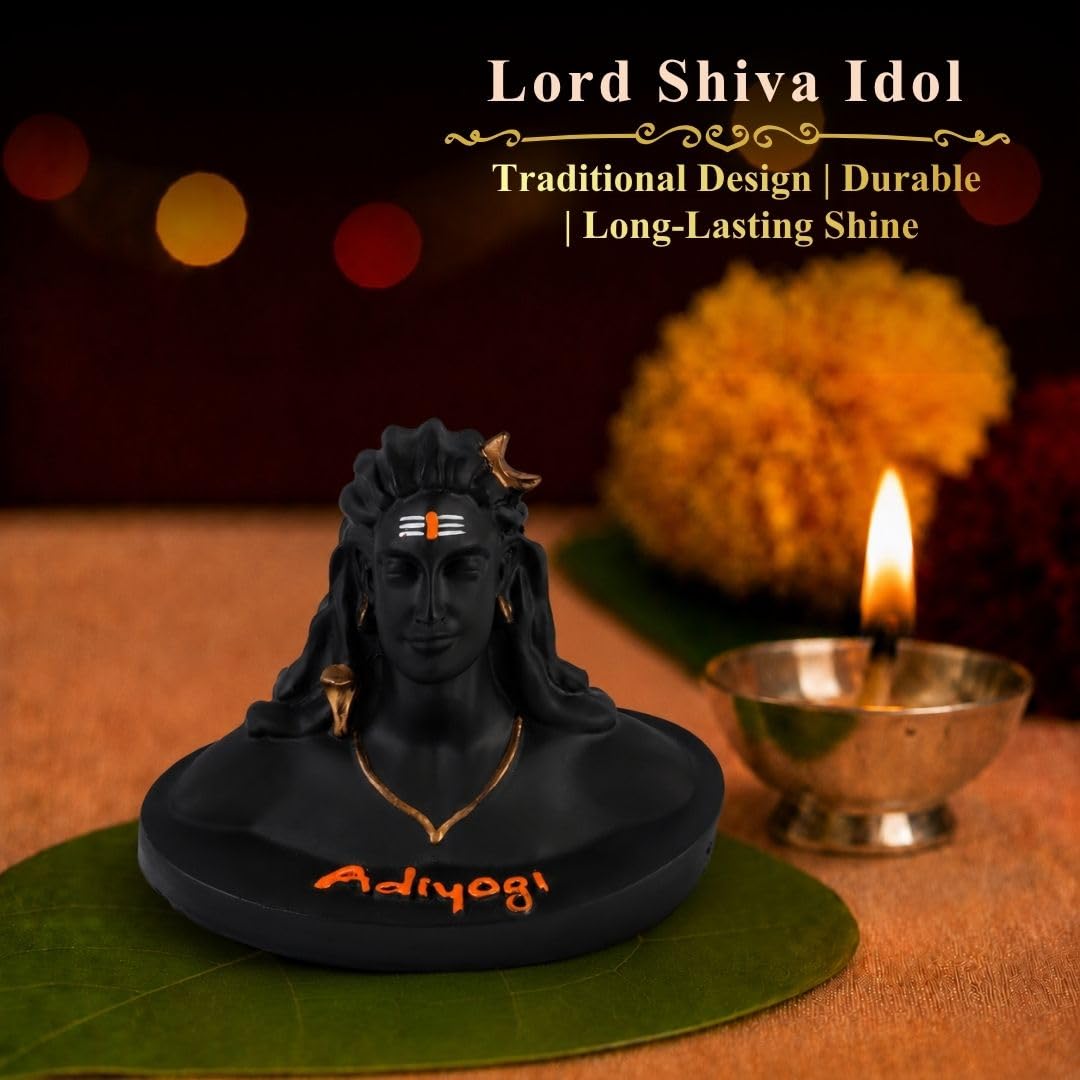 4.7 Inch Adiyogi Shiva Idol | Black Finish Mahadev Best Statue with Golden Accents for Home Temple, Mandir, Meditation Room, Office Desk & Car Dashboard | Yoga Décor & Gifting