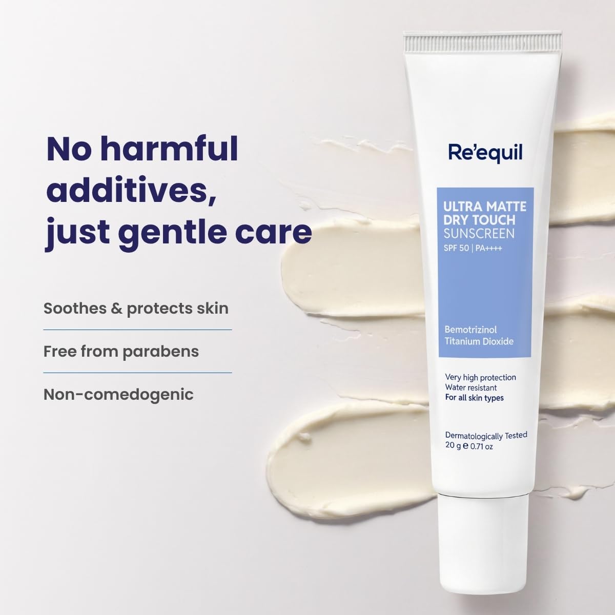 Tube of Re'equil sunscreen with product details on a light gray background