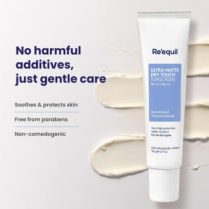 Tube of Re'equil sunscreen with product details on a light gray background