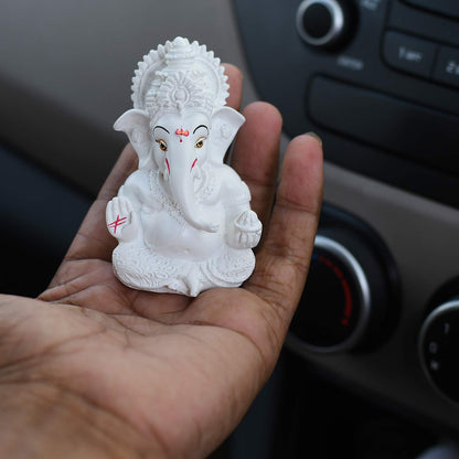 Ganesh Idol Ganesha Statue for Car Dashboard White (8 x 10 cms)