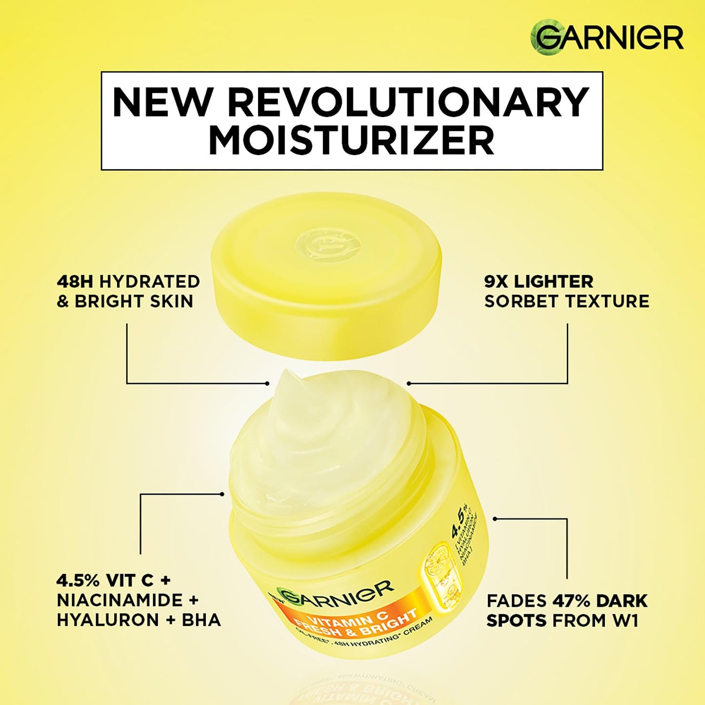 Garnier moisturizer jar with text highlighting features on a yellow background