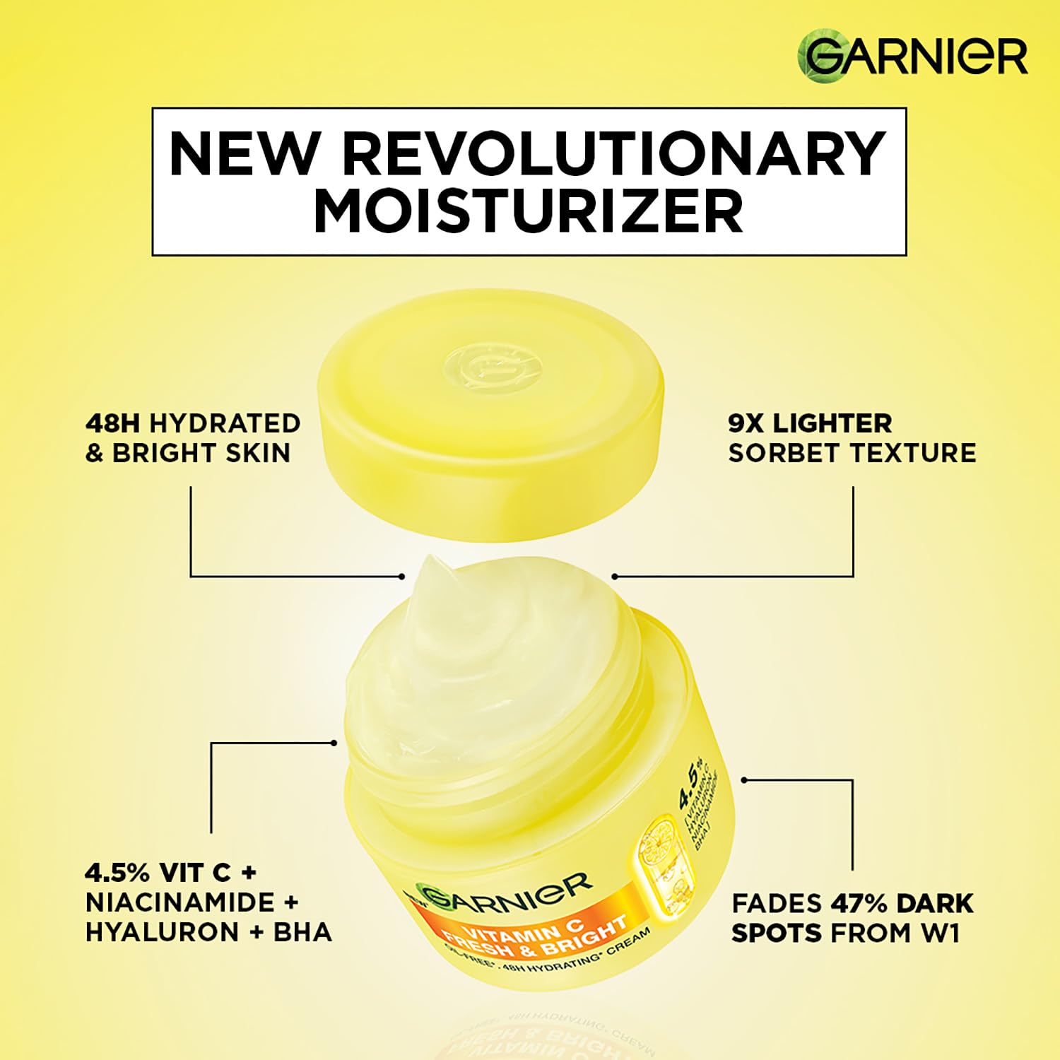 Garnier moisturizer jar with text highlighting features on a yellow background