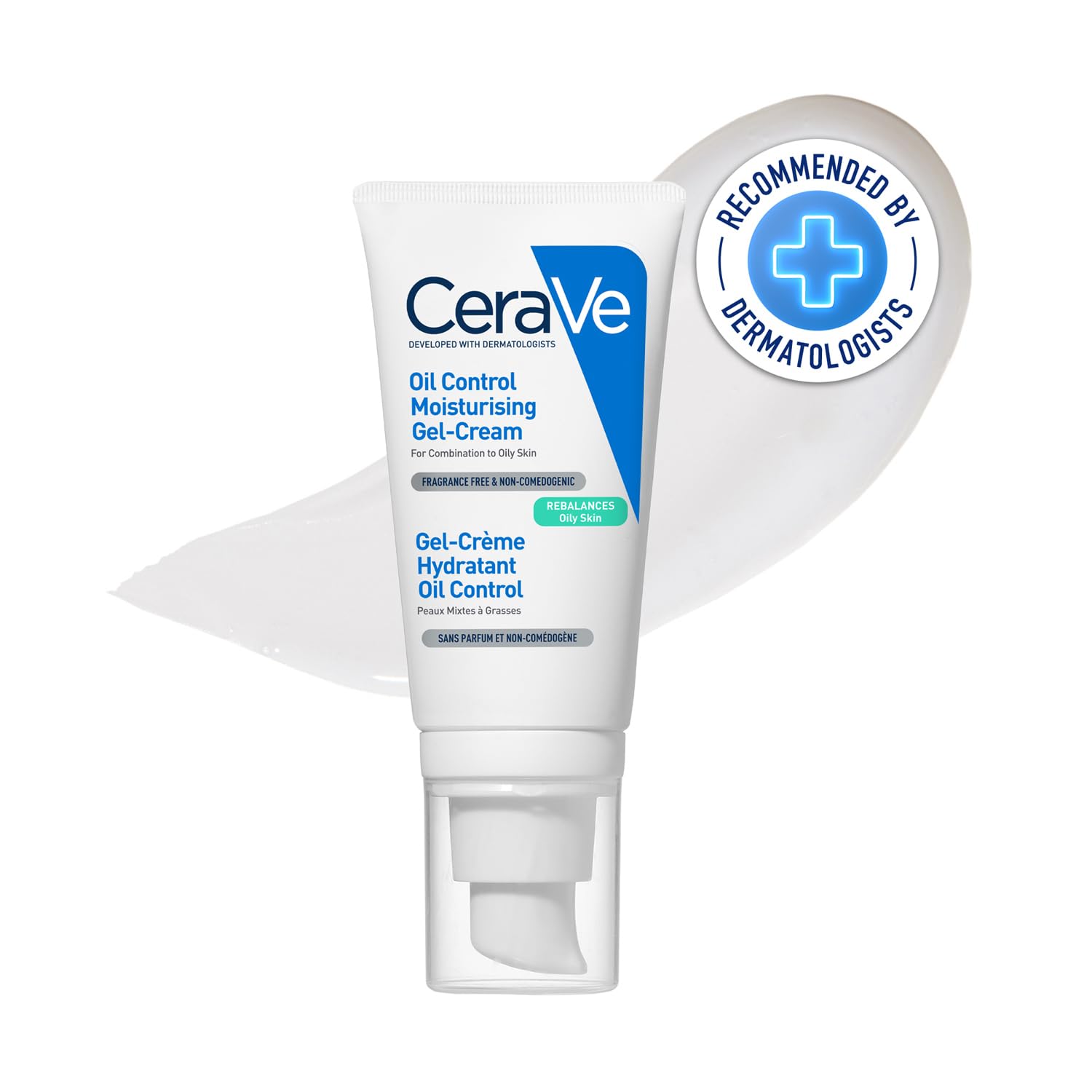 CeraVe oil control moisturizing gel-cream with a dermatologist recommendation badge on a white background