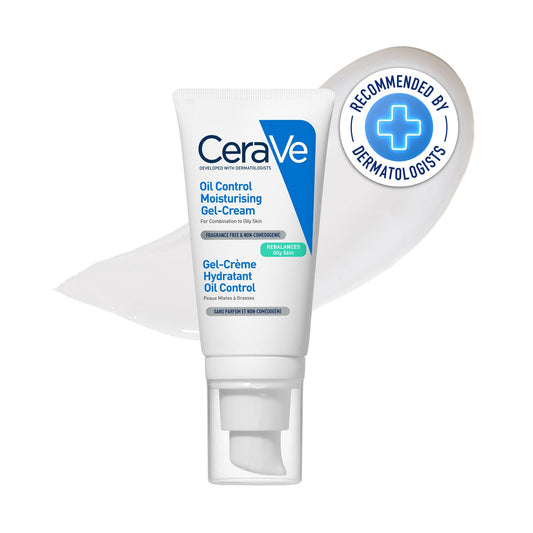 CeraVe oil control moisturizing gel-cream with a dermatologist recommendation badge on a white background