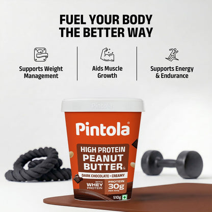PINTOLA High Protein Peanut Butter Chocolate Flavour Creamy, Added WHEY Protein, 30g Protein 6.2g Fiber, Gluten Free, Zero Trans Fat, Dark Chocolate Peanut Butter Spread, Nut Butter Bread Snacks