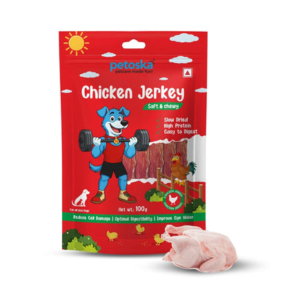 PETOSKA Chicken Jerky- 100gms | Dog Treats Made with Real Chicken Meat | Highly Nutritious | Easy to Digest | Improved Eye Vision | Suitable for All Dog Breeds | Pack of 1