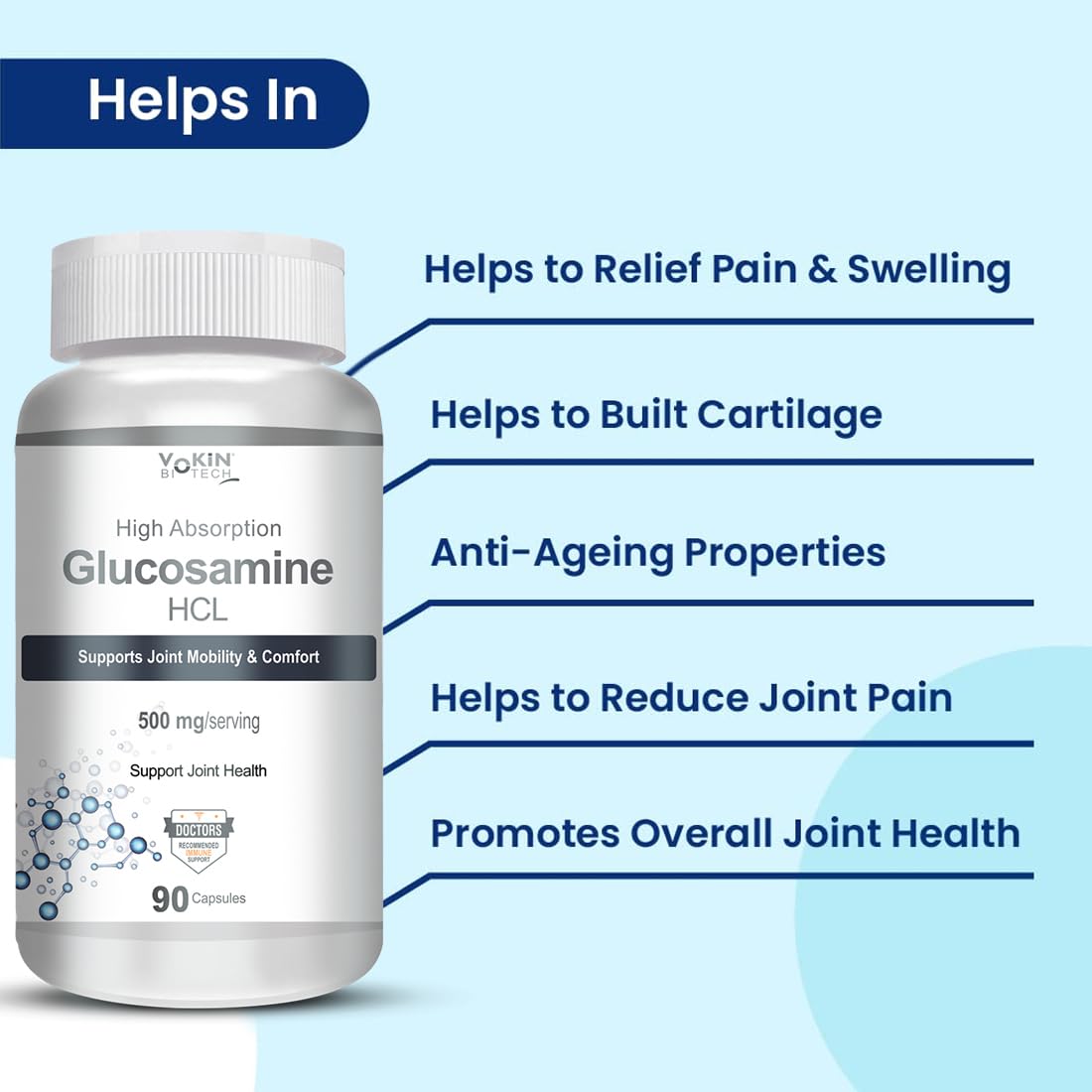 Yoktn Glucosamine HCL supplement bottle with health benefits listed on a light blue background