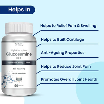 Yoktn Glucosamine HCL supplement bottle with health benefits listed on a light blue background