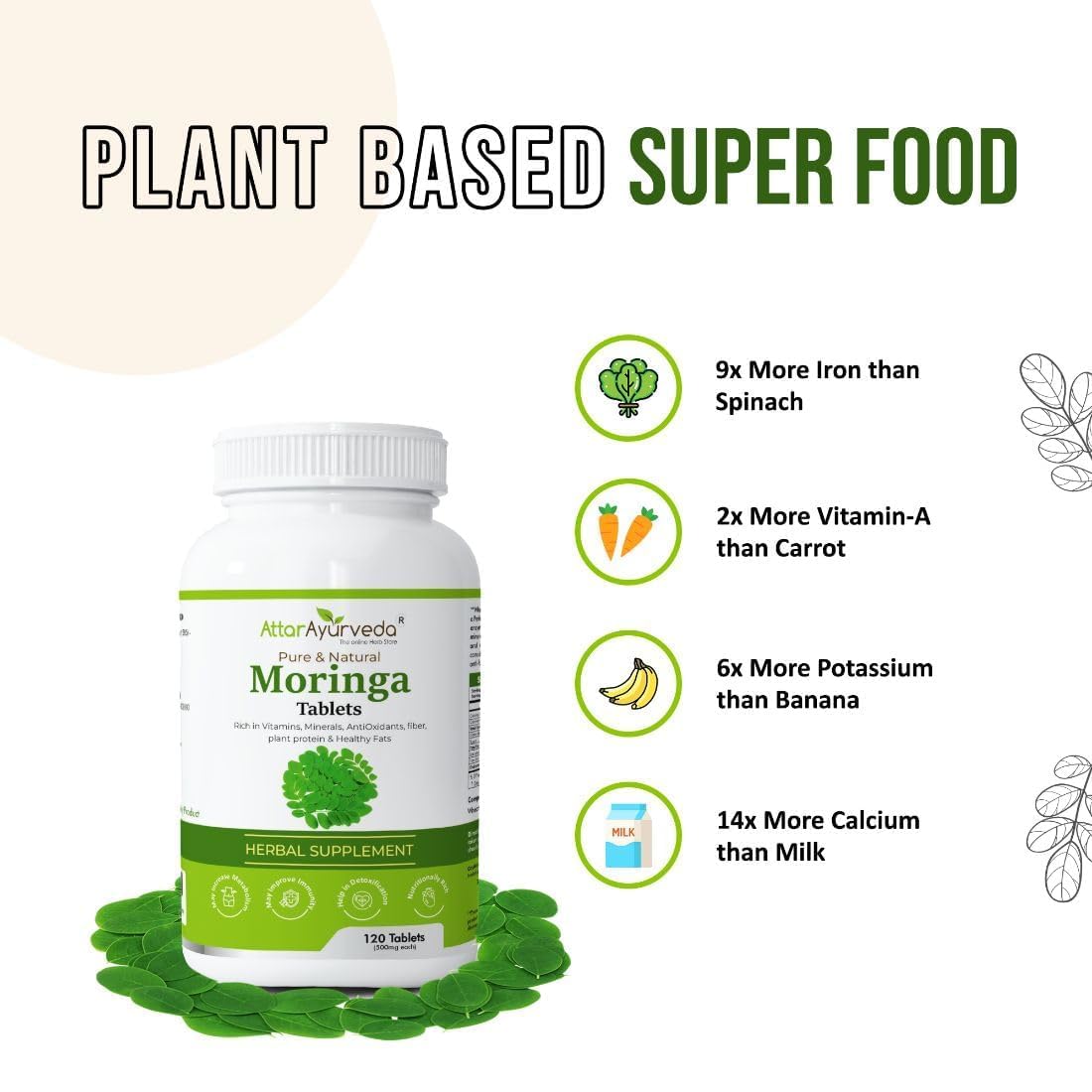 Moringa supplement bottle with health benefits on a white background