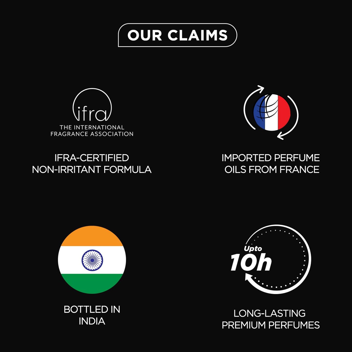 List of product claims including IFRA certification, imported perfume oils from France, bottled in India, and long-lasting premium perfumes on a black background.
