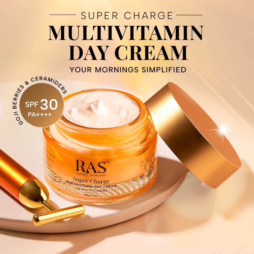 Ras Luxury Oils Super Charge Day Cream with Multivitamin SPF 30 PA++++ Goji Berry & Ceramides | Moisturizer for Glowing Skin with 72HR Hydration | Protection from UVA & UVB | Luxury Skincare
