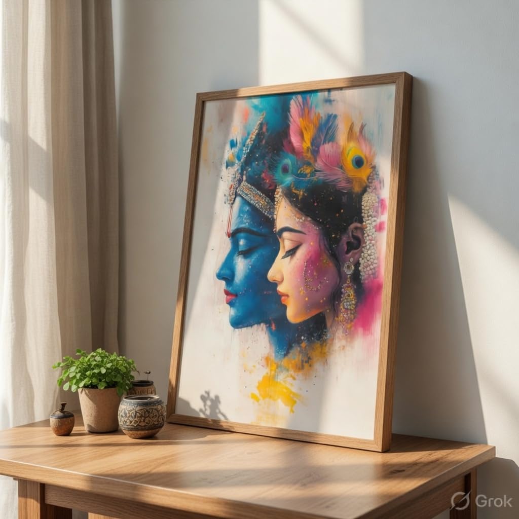 Radha Krishna Modern Art Wall Painting with Wooden Frame | Spiritual Love Artwork HD UV Laminated MDF Wall Decor | Hindu God Radha Krishna Portrait for Living Room Bedroom Decor