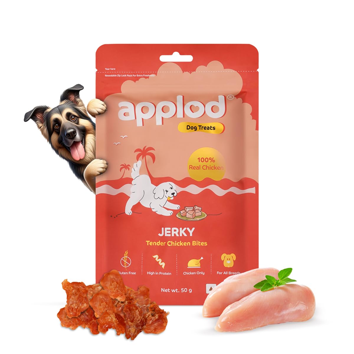 Applod Tender Chicken Jerky Bites Dog Treats | Made with Real Chicken Breast | High-Protein, Low-Fat Grain-Free Reward Snacks for Dogs | 50g