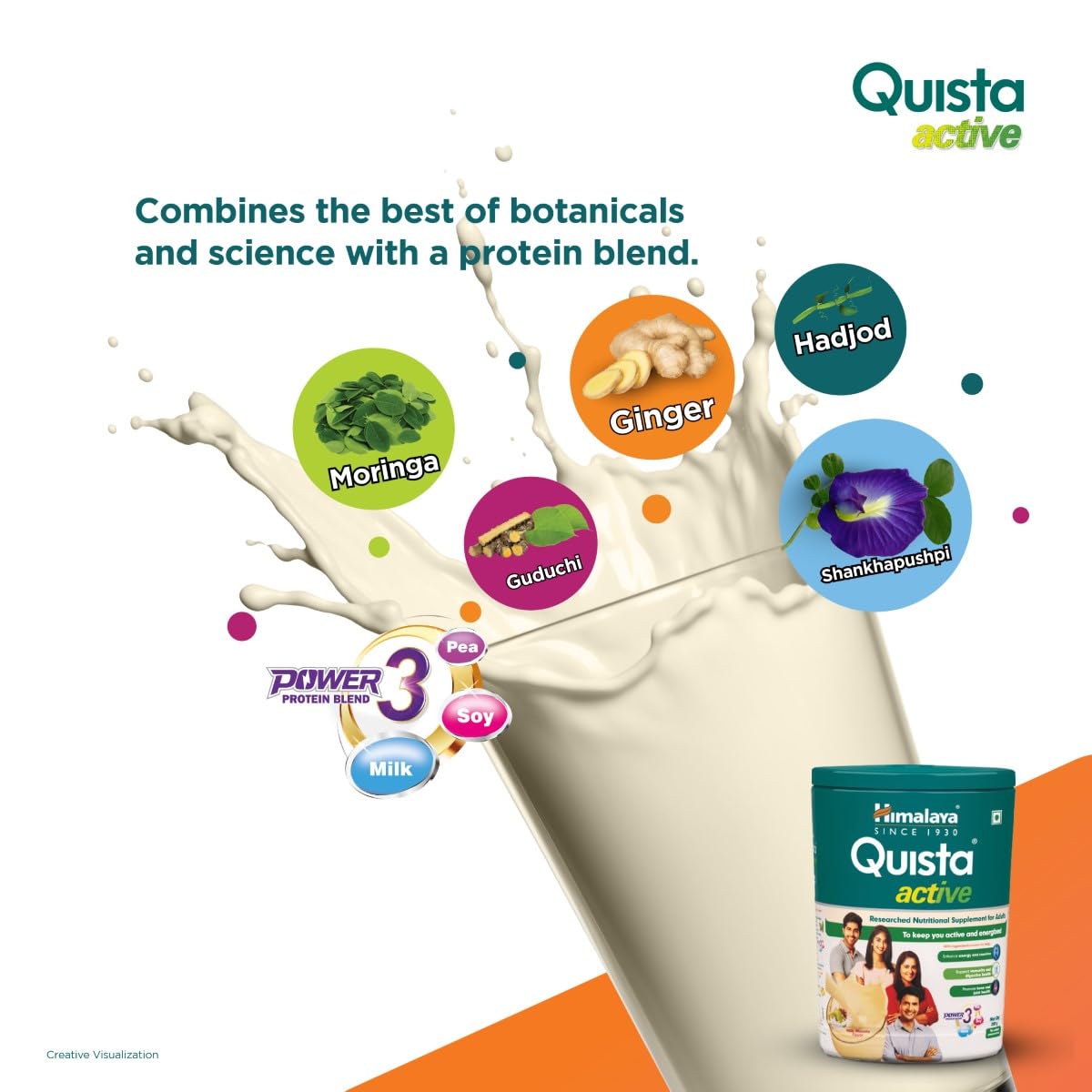Quista Active supplement with ingredients and product packaging on a white background