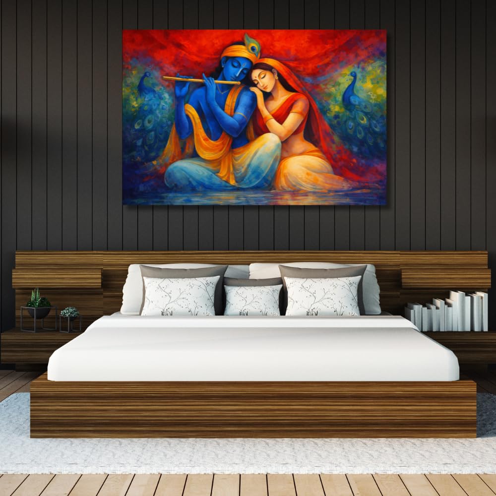 Canvas Radha Krishna Wall Painting For Living Room Big Size | Spritual Wall Art Romantic Radha Krishna Painting For Wall Decoration Large size in Indian Traditional Art | Vastu Home Decor (26 X 18 INCH, Framed - SMALL)