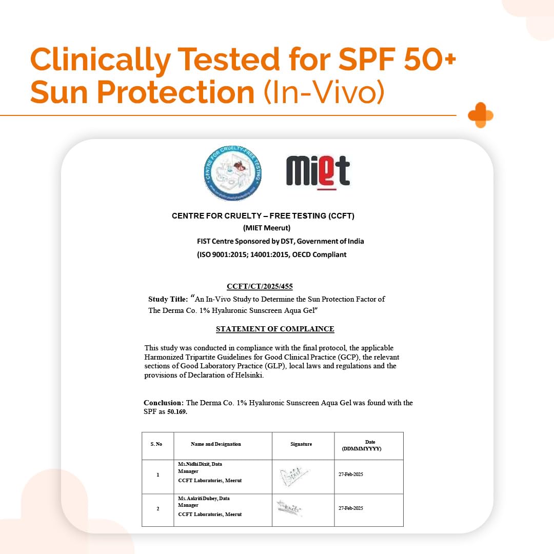 Certification for clinically tested SPF 50+ sun protection with Miett logo on a white background