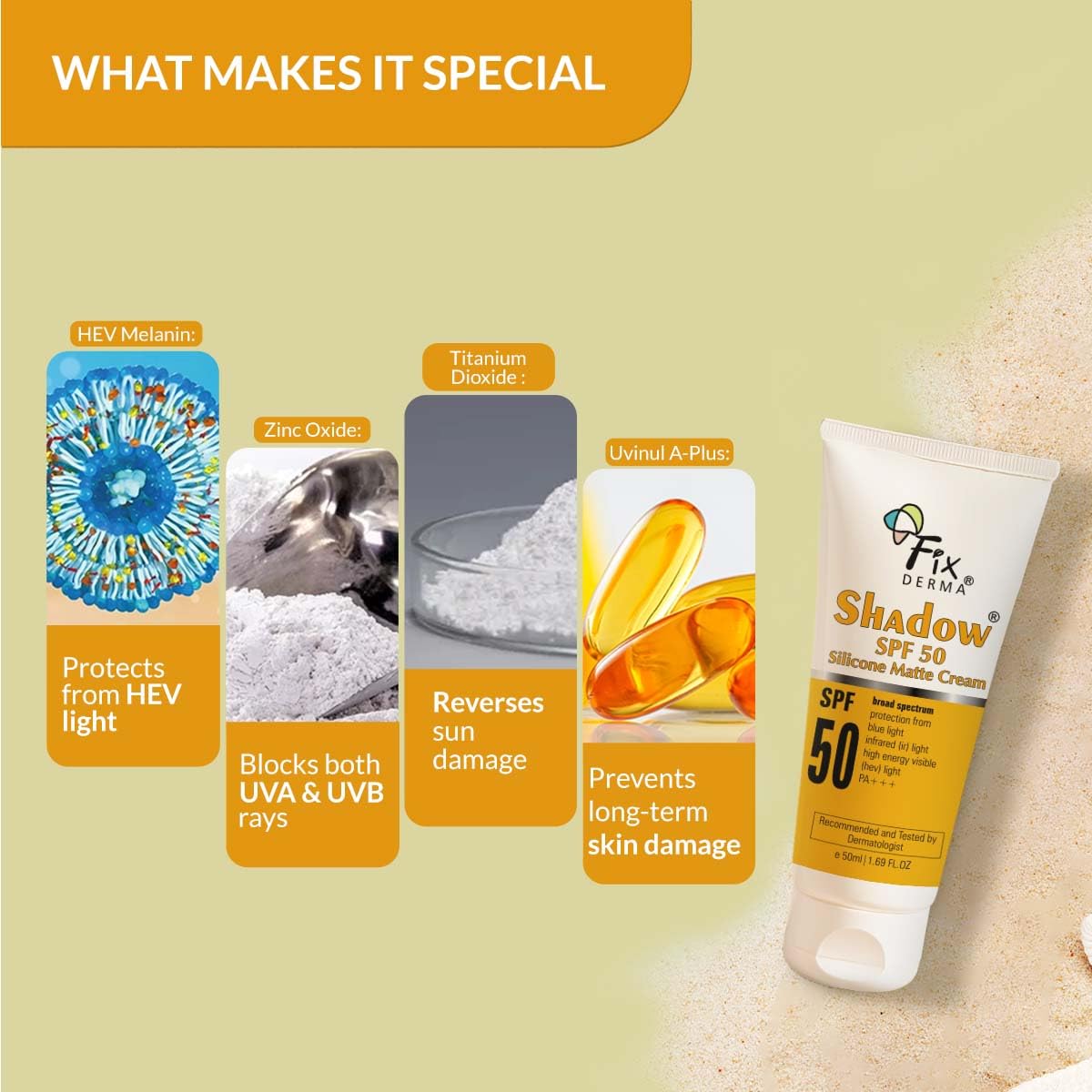 Fixderma Shadow Sunscreen SPF 50 Silicone Matte Cream PA+++ | For Oily & Acne Prone Skin | Broad Spectrum & Blue Light Protection | Matte Sunscreen | For Men & Women - 50Ml