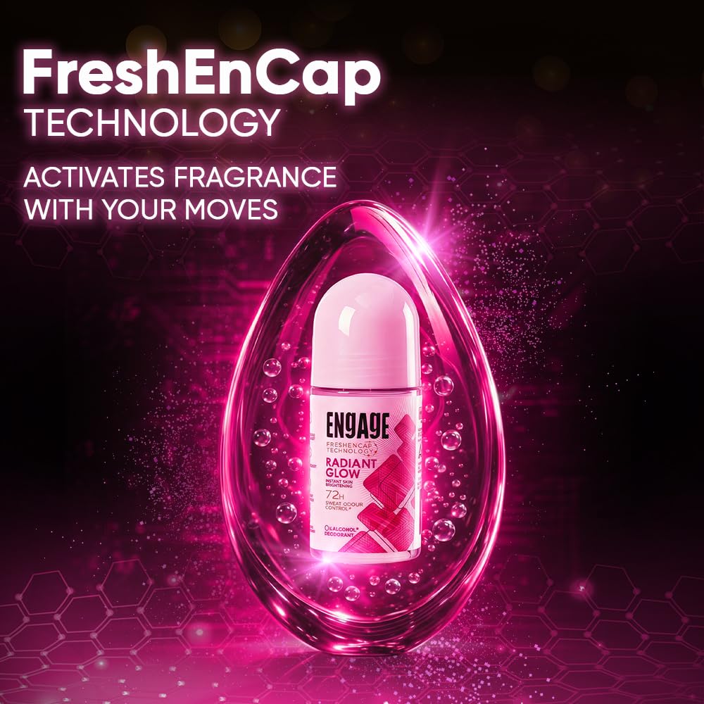 Engage Radiant Glow Underarm Roll On for Women |Instant Skin Brightening Deodorant|72 Hour Sweat & Odour Protection|Advanced Antiperspirant Formula|FreshEncap Technology| 0% Alcohol|Non Sticky|50ml