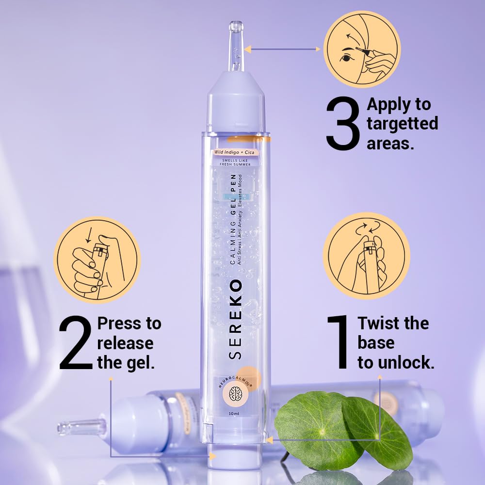 Sereko calming gel pen with usage instructions on a purple background