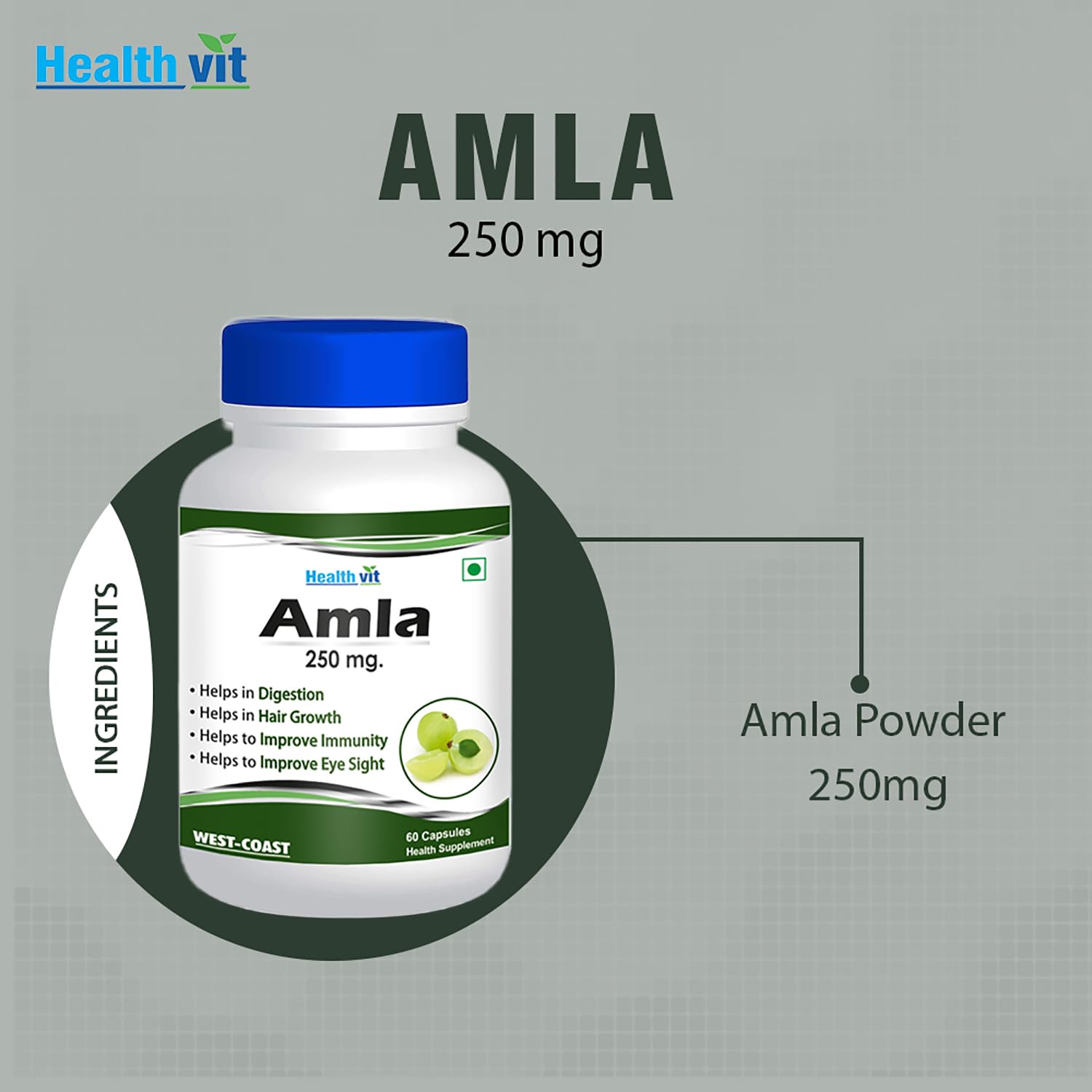 Healthvit Amla supplement bottle with label on a gray background