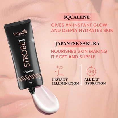Vellasta Strobes cream tube with product benefits on a skin-like background