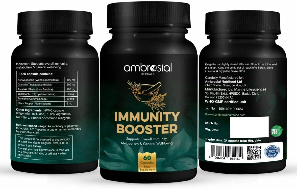 Three bottles of Ambrosial Herbs Immunity Booster on a white background