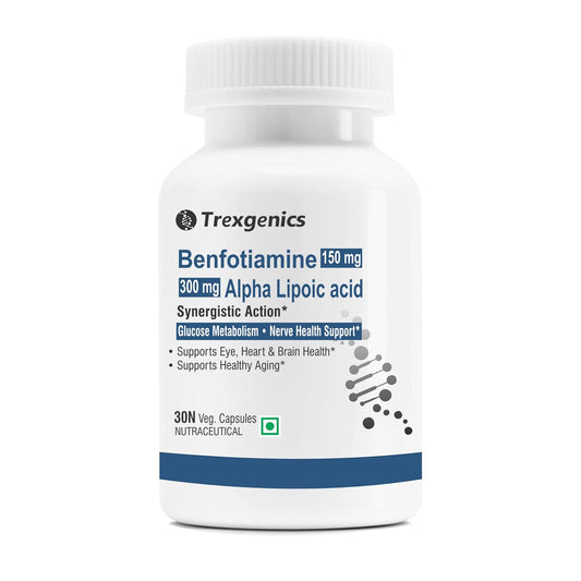 Trexgenics supplement bottle with white and blue label on a white background
