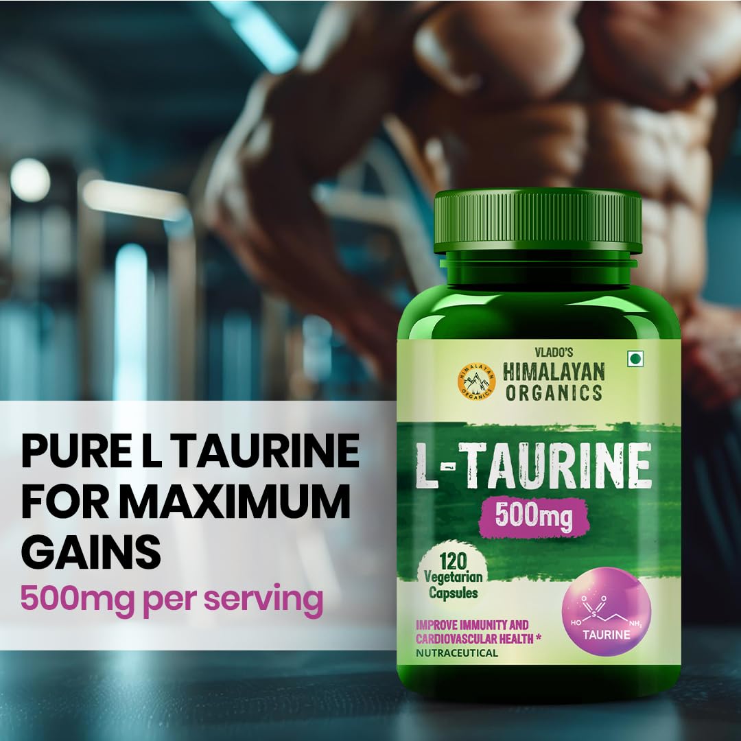Vlado's Himalayan Organics L-Taurine 500mg | Amino Acid Supplement for Athletic Performance | Support Muscle Recovery | Improve Performance | Promotes Vision & Nerve Health - 120 Veg Capsules