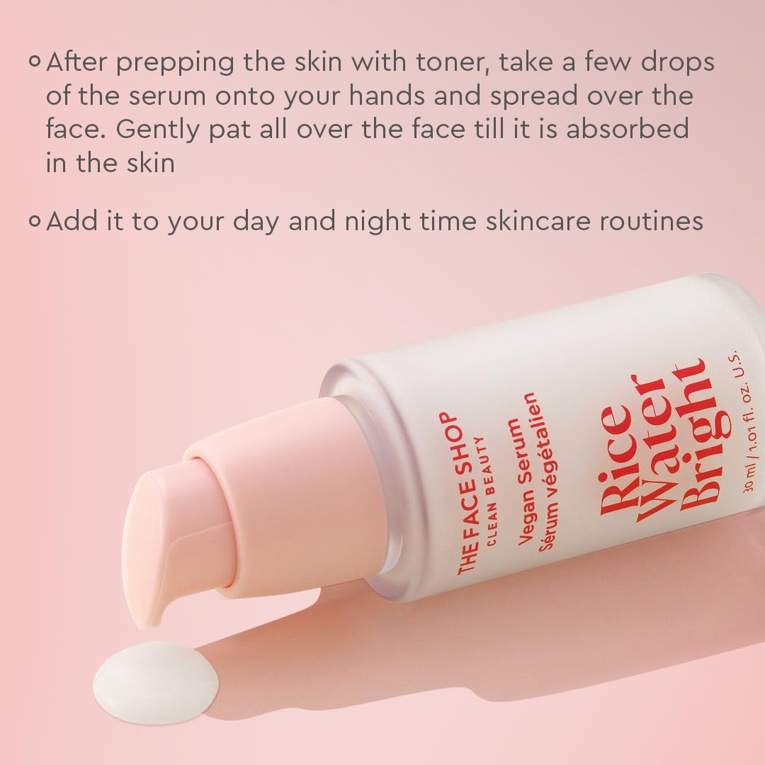 The Face Shop Rice Water Bright serum bottle with text on a pink background