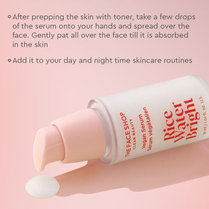 The Face Shop Rice Water Bright serum bottle with text on a pink background