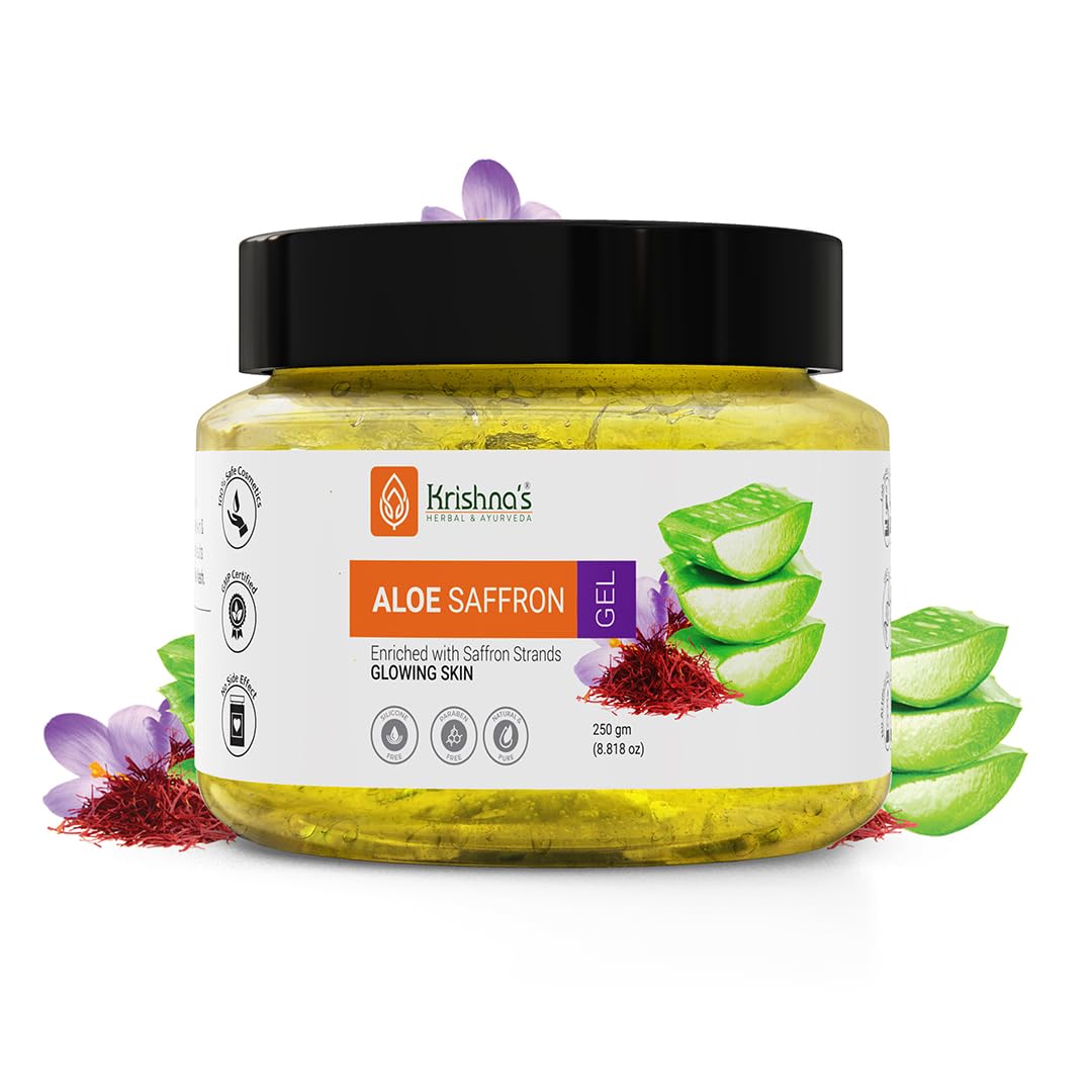 KRISHNA'S HERBAL & AYURVEDA Aloe Vera Gel Saffron For Acne, Scars, Glowing & Radiant Skin | Kesar Aloe Vera Gel For Face | Best Aloveravgel For Face | Aloevera Gel - 250 G