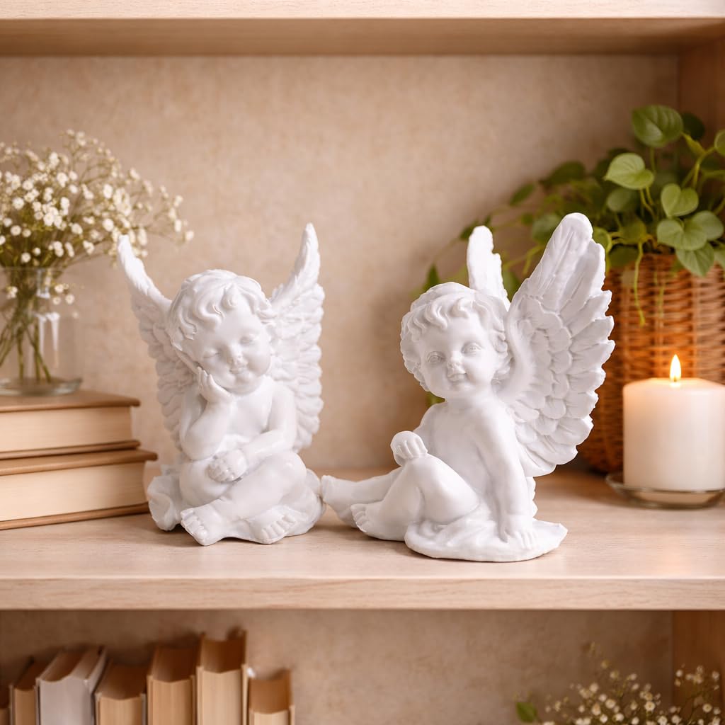 White Angel Cherub Figurine Set – Elegant Home Decor Showpiece for Living Room, Bedroom & Office | Premium Decorative Statue for Anniversary, Housewarming, Birthday & Wedding