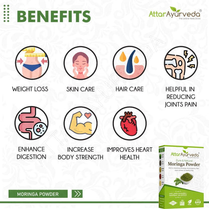 Attar Ayurveda Moringa Powder benefits listed with icons and a product box on a white background.