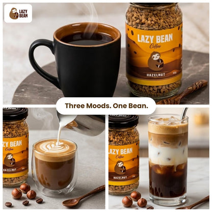 Lazy Bean Hazelnut Flavoured - Premium Instant Coffee Powder 50 g | Strong Black Coffee, Rich Aroma, Quick-Dissolving Granules | Ready in Seconds for Hot or Iced Brews at Home, Office, Travel